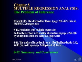 Chapter 8 MULTIPLE REGRESSION ANALYSIS:  The Problem of Inference Example 8.5 : The demand for Roses (page 266-267). Data in exercise 7.20 (page 225) 8-10. Prediction with multiple regression Follow the section 5-10 and the illustration in pages 267-268 by using data set in the Table 8.1 (page 241) 8-11. The troika of hypothesis tests: The likelihood ratio (LR), Wald (W) and Lagarange Multiplier (LM) Tests 8-12. Summary and Conclusions May 2004 Prof.VuThieu 