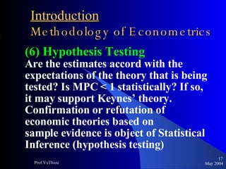 Introduction   Methodology of Econometrics (6) Hypothesis Testing Are the estimates accord with the  expectations of the theory that is being tested? Is MPC < 1 statistically? If so, it may support Keynes’ theory. Confirmation or refutation of  economic theories based on sample evidence is object of Statistical Inference (hypothesis testing) May 2004 Prof.VuThieu 