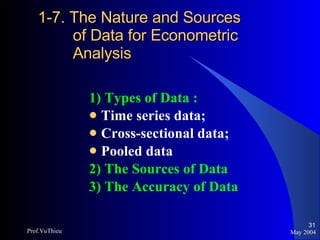 1-7. The Nature and Sources   of Data for Econometric    Analysis 1) Types of Data :   Time series data;  Cross-sectional data;  Pooled data 2) The Sources of Data 3) The Accuracy of Data May 2004 Prof.VuThieu 