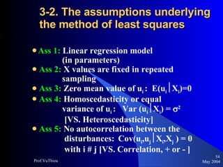 3-2. The assumptions underlying the method of least squares   Ass 1:  Linear regression model  (in parameters) Ass 2:  X values are fixed in repeated  sampling Ass 3:  Zero mean value of u i  :  E(u i  X i )=0 Ass 4:  Homoscedasticity or equal  variance of u i  :  Var (u i  X i ) =   2   [VS. Heteroscedasticity] Ass 5:  No autocorrelation between the  disturbances:   Cov(u i ,u j  X i ,X j  ) = 0  with i # j [VS. Correlation, + or - ] May 2004 Prof.VuThieu 