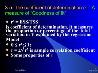 3-5. The coefficient of determination r 2 :   A measure of “Goodness of fit” r 2  = ESS/TSS  is coefficient of determination, it measures the proportion or percentage of the  total variation in Y explained by the regression  Model 0    r 2     1;  r =    r 2  is sample correlation coefficient  Some properties of  r May 2004 Prof.VuThieu 