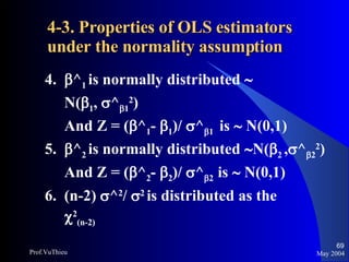 4-3. Properties of OLS estimators under the normality assumption   4.   ^ 1  is normally distributed     N(  1 ,   ^  1 2 ) And Z = (  ^ 1 -   1 )/   ^  1  is    N(0,1) 5.   ^ 2  is normally distributed   N(  2  ,  ^  2 2 ) And Z = (  ^ 2 -   2 )/   ^  2  is    N(0,1) 6.  (n-2)   ^ 2 /   2  is distributed as the   2 (n-2) May 2004 Prof.VuThieu 