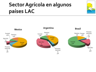 Energia
61%
Procesos
Industrial
es
9%
Agricultu
ra
6%
Forestal
10% Residuos
14%
Mexico
Energia
41%
Procesos
Industrial
es
4%
Agricultur
a
38%
Forestal
-13%
Residuos
4%
Argentina
Energia
15%
Procesos
Industrial
es
3%
Agricultur
a
19%
Forestal
61%
Residuos
2%
Brasil
 