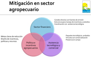 Sector financiero
Asistencia
tecnológica y
comercial
Política e
incentivos
agropecuarios
Canales directos con fuentes de emisión
Estructura para manejo de incentivos y subsidios
Coordinación con asistencia tecnológica
Paquetes tecnológicos probados
Vínculos con comercialización
Presencia en campo
Metas claras de reducción
Diseño de incentivos,
políticas y recursos
 