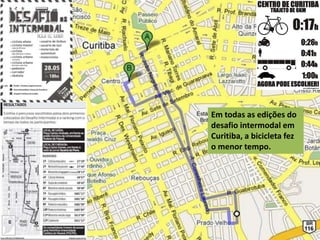 Em todas as edições do
desafio intermodal em
Curitiba, a bicicleta fez
o menor tempo.
 
