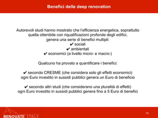 Benefici delle deep renovation
10
Autorevoli studi hanno mostrato che l’efficienza energetica, soprattutto
quella ottenibile con riqualificazioni profonde degli edifici,
genera una serie di benefici multipli:
✔ sociali
✔ ambientali
✔ economici (a livello micro- e macro-)
Qualcuno ha provato a quantificare i benefici:
✔ secondo CRESME (che considera solo gli effetti economici)
ogni Euro investito in sussidi pubblici genera un Euro di beneficio
✔ secondo altri studi (che considerano una pluralità di effetti)
ogni Euro investito in sussidi pubblici genera fino a 5 Euro di benefici
 