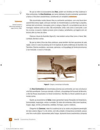 Aula 03 Ecossistemas Brasileiros12
Endemismo
Quando é peculiar a
determinada população ou
região (Ferreira, 1994).
No que se refere ao ecossistema das Ilhas, podem ser divididos em ilhas oceânicas e
ilhas continentais. As Ilhas Oceânicas, por serem afastadas da parte continental, apresentam
a fauna e a ﬂora bem características, constituindo um verdadeiro endemismo.
São encontradas muitas dessas ilhas no continente australiano, com uma fauna bem
característica dessa região, como por exemplo: os monotremados (o ornitorringo e a équidna,
animais bem primitivos); marsupiais como o canguru (ﬁgura 6); os quirópteros que são os
morcegos; roedores como os ratos. São encontrados, ainda, aves como o cisne preto, a ave
lira, os enus, os quivis e répteis curiosos como o tuatara, semelhante a um lagarto com um
terceiro olho no meio do crânio.
Citamos a fauna da Austrália (ﬁgura 6), mas existem outras ilhas como o Havaí, Bali,
Lombock, Bornéa e outras.
No que se refere à ﬂora das ilhas oceânicas, essas também são bem peculiares de cada
região, como é o caso da presença de 8 mil espécies de planta endêmicas da Austrália e da
Tasmânia. Citamos eucaliptos, casurianas, palmeiras, no Arquipélago de Sonda encontramos
a noz-moscada, o cravo e a fruta-pão.
Figura 6 – Canguru, animal típico da Austrália
As Ilhas Continentais são encontradas próximas aos continentes, por isso uma fauna e
uma ﬂora semelhante. Como por exemplo, no Brasil, o Arquipélogo de Fernando de Noronha,
o Atol da Rocas (localizados no litoral nordestino); Ilha Bela no litoral sudeste do país e
muitas outras.
Quanto ao ecossistema de Solos, esses apresentam baixas ﬂutuações de temperatura,
luminosidade, evaporação, ventos e umidade. Os solos são ambientes onde vivem bactérias,
fungos, algas, vermes, protozoários, anelídios, formigas, cupins e roedores.
Chegamos às Cavernas, nelas há a ausência de luz ou existe uma pequena penetração
de raios solares (ﬁgura 7) e de ventos, com alta unidade e temperatura constante, possui
uma ﬂora muito pobre representada pelos fungos. Apresenta fauna característica composta
Eco_Bra_A03_MD_230610.indd Miolo12Eco_Bra_A03_MD_230610.indd Miolo12 23/06/10 11:2423/06/10 11:24
 
