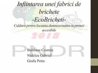 Infiintarea unei fabrici de
brichete
-EcoBricheti-
Caldura pentru locuinta dumneavoastra la preturi
accesibile
Bulibasa Cosmin
Nidelcu Gabriel
Grafu Petre
 