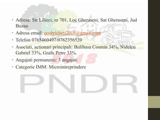 • Adresa: Str Lilieci, nr 701, Loc Gheraseni, Sat Gheraseni, Jud
Buzau
• Adresa email: ecobricheti2018@gmail.com
• Telefon 0765460497/0762356520
• Asociati, actionari principali: Bulibasa Cosmin 34%, Nidelcu
Gabriel 33%, Grafu Petre 33%.
• Angajati permanenti: 3 angajati
• Categorie IMM: Microintreprindere
 