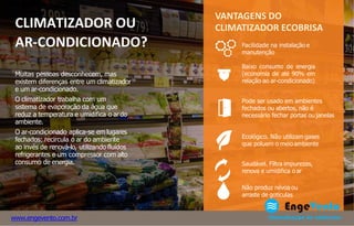CLIMATIZADOR OU
AR-CONDICIONADO?
VANTAGENS DO
CLIMATIZADOR ECOBRISA
Facilidade na instalação e
manutenção
Baixo consumo de energia
(economia de até 90% em
relação ao ar-condicionado)
Pode ser usado em ambientes
fechados ou abertos, não é
necessário fechar portas ou janelas
Ecológico. Não utilizam gases
que poluem o meio ambiente
Saudável. Filtra impurezas,
renova e umidifica o ar
Não produz névoa ou
arraste de gotículas
Muitas pessoas desconhecem, mas
existem diferenças entre um climatizador
e um ar-condicionado.
O climatizador trabalha com um
sistema de evaporação da água que
reduz a temperatura e umidifica o ardo
ambiente.
O ar-condicionado aplica-se em lugares
fechados: recircula o ar do ambiente
ao invés de renová-lo, utilizando fluídos
refrigerantes e um compressor com alto
consumo de energia.
www.engevento.com.br
 