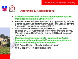 Approvals & Accreditations Construction insurance in France underwritten by AXA Insurance contract no. 250.887.55.87 French Code of Practice -  reviewed and approved by APAVE (French Quality Control for Construction) and validated by the “Fédération Française du Bâtiment/FFB”. French Product Accreditation, valid for 2007, has been obtained by C2P (Commission Prévoyance Produit), by AQC (Agence Qualité Construction) and by CSTB and Insurance companies. Construction insurance in UK – approved by Zurich Insurance and complies with Zurich Insurance low and zero carbon housing technical standard. BBA Accreditation – at early application stage NHBC approval – in early discussions 
