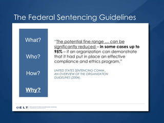 The Federal Sentencing Guidelines “ The potential fine range … can be significantly reduced  –  in some cases up to 95%  – if an organization can demonstrate that it had put in place an effective compliance and ethics program.”   UNITED STATES SENTENCING COMM.,  AN OVERVIEW OF THE ORGANIZATION  GUIDELINES (2004). What? Who? How? Why? 