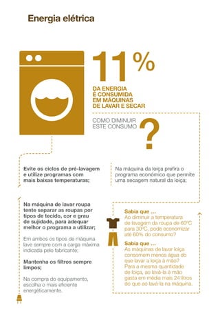 20
21
Preﬁra equipamentos com a etiqueta
Energy Star, que identiﬁca aparelhos
de escritório mais eﬁcientes.
Opte por computadores portáteis,
que podem consumir até menos
90% de energia que os tradicionais
computadores de secretária;
Utilize
impressoras
de jato
de tinta,
que usam
até
de energia
que as
impressoras
a laser;-95%
Sabia que …
10% da energia é consumida
pelos equipamentos em modo
desligado e standby?
-90%
 