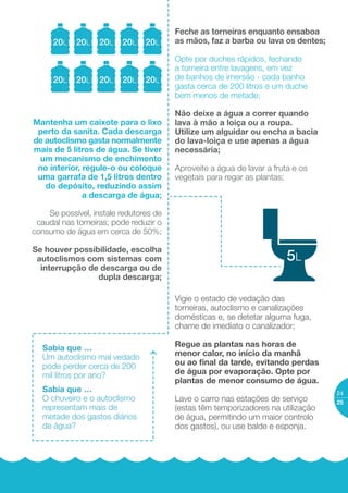 3.
Água
Como poupar água?
evitando o desperdício e gastos desnecessários.
Para poupar centenas de litros por mês e reduzir
a conta da água, bastam pequenos gestos
diários que não irão reduzir o seu conforto.
A água é um bem precioso
que devemos poupar,
 