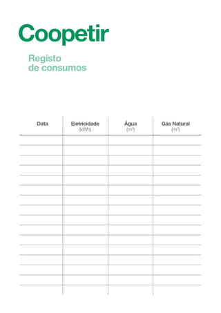 38
39
COMO CONCORRER?
Basta preencher e assinar a ﬁcha de inscrição anexa a esta
Eco-Caderneta, e devolvê-la ao monitor, ou entregá-la na ARMABB.
QUEM PODE CONCORRER?
Esta competição poderá incluir até um máximo de 100 residências
participantes do Bairro da Boavista. Cada participação deverá ﬁcar
no nome de um dos membros do agregado familiar. Apenas poderá
concorrer uma pessoa por residência.
Terá de cumprir os seguintes requisitos:
Ser habitante do Bairro da Boavista;
Possuir contadores de eletricidade e água;
Ter disponibilidade para receber mensalmente o monitor.
PRÉMIOS
Todas as famílias concorrentes receberão um prémio de participação.
Serão ainda premiados os 3 participantes da Coopetição que
consigam alcançar uma maior poupança, em relação aos seus
vizinhos, em cada uma das seguintes categorias:
Água;
Eletricidade;
Gás natural.
Cada vencedor não poderá receber mais do que um prémio.
PARTICIPE!
 