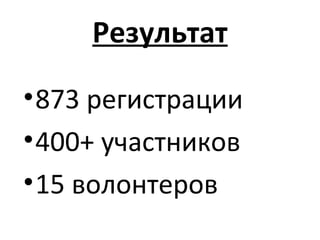 Результат
•873 регистрации
•400+ участников
•15 волонтеров
 