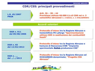 REGIONE ABRUZZO8

CDR/CSS: principali provvedimenti
L.R. 45/2007
PRGR

Artt. 26 – 28 – 44
Previsione utilizzo 60.000 t/a di CDR nei n. 3
cementifici abruzzesi n. 2 SACCI, n. 1 ITALCEMENTI

Accordi volontari
DGR n. 911
del 09/08/2006

Protocollo d'intesa tra la Regione Abruzzo e
Cementificio PE Lafarge “Sperimentazione
utilizzo CDR in sostituzione dei combustibili
fossili”

DGR n. 65
del 13/02/2012

Protocollo d'intesa tra la Regione Abruzzo e
Comune di Roccaraso/CNR “Impianto
sperimentale Refolo produzione CSS”
Refolo

DGR n. ….
del ../../2013

Protocollo d'intesa tra la Regione Abruzzo ed
ECOCARBON denominato: “Progetto CSS
Abruzzo”

 