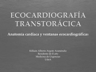Killiam Alberto Argote Araméndiz
Residente de II año
Medicina de Urgencias
UdeA
Anatomía cardiaca y ventanas ecocardiográficas
 