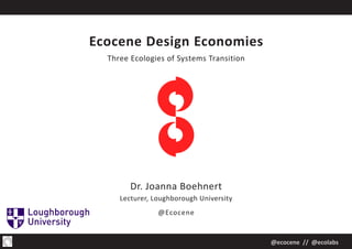 @ecocene // @ecolabs
Ecocene Design Economies
Three Ecologies of Systems Transition
Dr. Joanna Boehnert
Lecturer, Loughborough University
@Ecocene
 