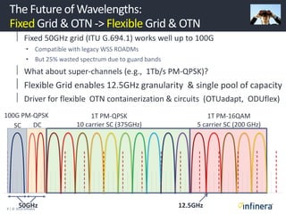 9 | © 2013 Infinera
1T PM-16QAM
5 carrier SC (200 GHz)
1T PM-QPSK
10 carrier SC (375GHz)
The Future of Wavelengths:
Fixed Grid & OTN -> Flexible Grid & OTN
50GHz
100G PM-QPSK
SC DC
12.5GHz
 Fixed 50GHz grid (ITU G.694.1) works well up to 100G
• Compatible with legacy WSS ROADMs
• But 25% wasted spectrum due to guard bands
 What about super-channels (e.g., 1Tb/s PM-QPSK)?
 Flexible Grid enables 12.5GHz granularity & single pool of capacity
 Driver for flexible OTN containerization & circuits (OTUadapt, ODUflex)
 