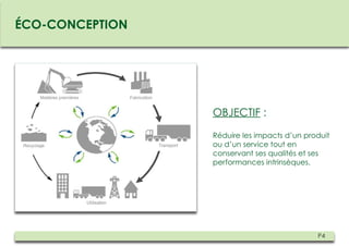 ÉCO-CONCEPTION




                 OBJECTIF :

                 Réduire les impacts d’un produit
                 ou d’un service tout en
                 conservant ses qualités et ses
                 performances intrinsèques.




                                             P4
 