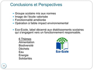 Conclusions et Perspectives
33
 Groupe scolaire mis aux normes
 Image de l’école valorisée
 Fonctionnalité améliorée
 Opération à faible impact environnemental
 Eco-Ecole, label décerné aux établissements scolaires
qui s’engagent vers un fonctionnement responsable.
6 Thèmes
Alimentation
Biodiversité
Déchets
Eau
Energie
Solidarités
 