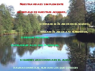 Nuestra vida es simplemente un reflejo de nuestras acciones,  si deseas más amor en el mundo,  crea más amor a tu alrededor,  si deseas felicidad,  da felicidad a los que te rodean,  si quieres una sonrisa en el alma,  da una sonrisa al alma de los que conoces 