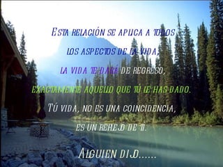 Esta relación se aplica a todos los aspectos de la vida, la vida te dará  de regreso,  exactamente aquello que tú le has dado.  Tú vida, no es una coincidencia,  es un reflejo de tí.  Alguien dijo...... 