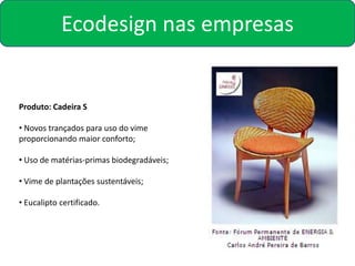 Ecodesign nas empresas


Produto: Cadeira S

• Novos trançados para uso do vime
proporcionando maior conforto;

• Uso de matérias-primas biodegradáveis;

• Vime de plantações sustentáveis;

• Eucalipto certificado.
 