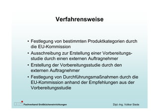 Verfahrensweise


  • Festlegung von bestimmten Produktkategorien durch
    die EU-Kommission
  • Ausschreibung zur Erstellung einer Vorbereitungs-
    studie durch einen externen Auftragnehmer
  • Erstellung der Vorbereitungsstudie durch den
    externen Auftragnehmer
  • Festlegung von Durchführungsmaßnahmen durch die
    EU-Kommission anhand der Empfehlungen aus der
    Vorbereitungsstudie


Fachverband Großkücheneinrichtungen        Dipl.-Ing. Volker Siede
 