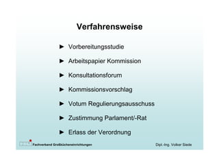 Verfahrensweise

               ► Vorbereitungsstudie

               ► Arbeitspapier Kommission

               ► Konsultationsforum

               ► Kommissionsvorschlag

               ► Votum Regulierungsausschuss

               ► Zustimmung Parlament/-Rat

               ► Erlass der Verordnung
Fachverband Großkücheneinrichtungen            Dipl.-Ing. Volker Siede
 