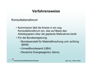 Verfahrensweise

Konsultationsforum

   • Kommission lädt die Kreise in ein sog.
     Konsultationsforum ein, das auf Basis des
     Arbeitspapiers über die geplante Maßnahme berät
   • Für die Bundesregierung:
      •Bundesanstalt für Materialforschung und -prüfung
        (BAM)
      •Umweltbundesamt (UBA)
      •Deutsche Energieagentur (dena)


 Fachverband Großkücheneinrichtungen        Dipl.-Ing. Volker Siede
 