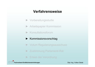 Verfahrensweise

               ► Vorbereitungsstudie

               ► Arbeitspapier Kommission

               ► Konsultationsforum

               ► Kommissionsvorschlag

               ► Votum Regulierungsausschuss

               ► Zustimmung Parlament/-Rat

               ► Erlass der Verordnung
Fachverband Großkücheneinrichtungen            Dipl.-Ing. Volker Siede
 