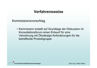 Verfahrensweise

Kommissionsvorschlag

   • Kommission erstellt auf Grundlage der Diskussion im
     Konsultationsforum einen Entwurf für eine
     Verordnung mit Ökodesign-Anforderungen für die
     betreffende Produktgruppe




 Fachverband Großkücheneinrichtungen        Dipl.-Ing. Volker Siede
 