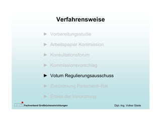 Verfahrensweise

               ► Vorbereitungsstudie

               ► Arbeitspapier Kommission

               ► Konsultationsforum

               ► Kommissionsvorschlag

               ► Votum Regulierungsausschuss

               ► Zustimmung Parlament/-Rat

               ► Erlass der Verordnung
Fachverband Großkücheneinrichtungen            Dipl.-Ing. Volker Siede
 