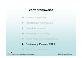Verfahrensweise

               ► Vorbereitungsstudie

               ► Arbeitspapier Kommission

               ► Konsultationsforum

               ► Kommissionsvorschlag

               ► Votum Regulierungsausschuss

               ► Zustimmung Parlament/-Rat

               ► Erlass der Verordnung
Fachverband Großkücheneinrichtungen            Dipl.-Ing. Volker Siede
 
