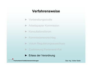 Verfahrensweise

               ► Vorbereitungsstudie

               ► Arbeitspapier Kommission

               ► Konsultationsforum

               ► Kommissionsvorschlag

               ► Votum Regulierungsausschuss

               ► Zustimmung Parlament/-Rat

               ► Erlass der Verordnung
Fachverband Großkücheneinrichtungen            Dipl.-Ing. Volker Siede
 