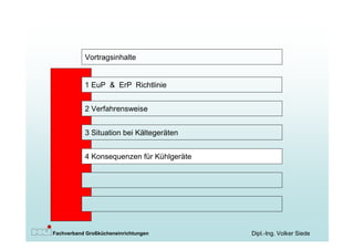 Vortragsinhalte


           1 EuP & ErP Richtlinie


           2 Verfahrensweise


           3 Situation bei Kältegeräten


           4 Konsequenzen für Kühlgeräte




Fachverband Großkücheneinrichtungen        Dipl.-Ing. Volker Siede
 