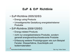 EuP & ErP Richtlinie

• EuP-Richtlinie 2005/32/EG
   • Energy using Products
   • Umweltgerechte Gestaltung energiebetriebener
     Produkte
• ErP-Richtlinie 2009/125/EG
   • Energy-related Products
   • nicht nur energiebetriebene Produkte, sondern
     generell energieverbrauchsrelevante Produkte
   • Erfassung weiterer Produktgruppen wie zum Beispiel
     Fenster, Wasserhähne, Duschköpfe und
     Isoliermaterialien
 Fachverband Großkücheneinrichtungen       Dipl.-Ing. Volker Siede
 