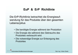 EuP & ErP Richtlinie

Die ErP-Richtlinie betrachtet die Energieauf-
wendung für das Produkte über den gesamten
Lebenszyklus

    • Die benötigte Energie während der Produktion
    • Die Energie die während des Gebrauchs des
      Produktes verbraucht wird
    • Die notwendige Energie zur Entsorgung des
      Produktes



 Fachverband Großkücheneinrichtungen        Dipl.-Ing. Volker Siede
 