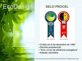 EcoDesign
Selo verde
Fonte: http://www2.cepel.br/iwil/dia3/Workshop%20LED%20-%20Rafael%20David.pdf
• Criado em 8 de dezembro de 1993
• Decreto presidencial
• “Selo verde de eficiência energética”
• Adesão voluntária
SELO PROCEL
 