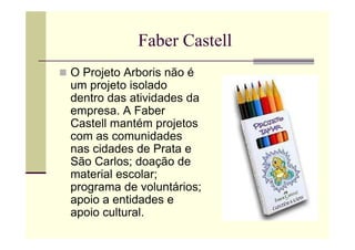 Faber Castell
O Projeto Arboris não é
um projeto isolado
dentro das atividades da
empresa. A Faber
Castell mantém projetos
com as comunidades
nas cidades de Prata e
São Carlos; doação de
material escolar;
programa de voluntários;
apoio a entidades e
apoio cultural.
 