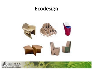 DefiniçõesEcodesign can be defined as the systematic introduction of environmental concerns into the New Product Development (NPD) process  throughout the application of specific methods            Baumann H, Boons F, BragdA.Mapping the green product development field. Journal of Cleaner Production, 2002; 10; 409-425.Nielsen, P.H.; Wenzel, H., 2002. Integration of environmental aspects in product development: a stepwise procedure based on quantitative life cycle assessment. In: Journal of Cleaner Production 10 247-257Ecodesign is a proactive management approach which directs product development towards environmental impacts reduction throughout its life cycle, without compromising other criteria such as performance, functionality, aesthetics, quality and costJohansson G. Success factors for integration of ecodesign in product development. Environmental Management and Health, 2002; 13(1); 98-107.Weenrn, J. C., 1995. Towards sustainable product development. In: Journal of Cleaner Production, Vol. 3, No. 1-2, 95-100.