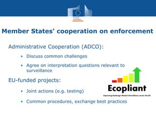 Member States' cooperation on enforcement
Administrative Cooperation (ADCO):
• Discuss common challenges
• Agree on interpretation questions relevant to
surveillance
EU-funded projects:
• Joint actions (e.g. testing)
• Common procedures, exchange best practices
 