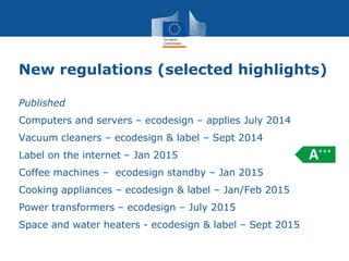 New regulations (selected highlights)
Published
Computers and servers – ecodesign – applies July 2014
Vacuum cleaners – ecodesign & label – Sept 2014
Label on the internet – Jan 2015
Coffee machines – ecodesign standby – Jan 2015
Cooking appliances – ecodesign & label – Jan/Feb 2015
Power transformers – ecodesign – July 2015
Space and water heaters - ecodesign & label – Sept 2015
 