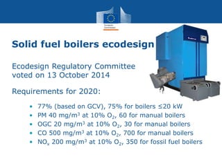 Solid fuel boilers ecodesign
Ecodesign Regulatory Committee
voted on 13 October 2014
Requirements for 2020:
• 77% (based on GCV), 75% for boilers ≤20 kW
• PM 40 mg/m3 at 10% O2, 60 for manual boilers
• OGC 20 mg/m3 at 10% O2, 30 for manual boilers
• CO 500 mg/m3 at 10% O2, 700 for manual boilers
• NOx 200 mg/m3 at 10% O2, 350 for fossil fuel boilers
 