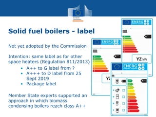 Solid fuel boilers - label
Not yet adopted by the Commission
Intention: same label as for other
space heaters (Regulation 811/2013)
• A++ to G label from ?
• A+++ to D label from 25
Sept 2019
• Package label
Member State experts supported an
approach in which biomass
condensing boilers reach class A++
 