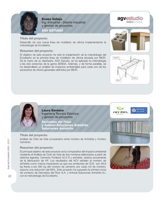 Título del proyecto:
Desarrollo de una nueva línea de mobiliario de oﬁcina implementando la
metodología de Ecodiseño.
Resumen del proyecto:
El objetivo de este proyecto ha sido la implantación de la metodología del
Ecodiseño en la primera línea de mobiliario de oﬁcina lanzada por BIOR.
De la mano de su diseñador, AGV Estudio, se ha aplicado la metodología
a las dos versiones de la gama SENDA. Además, y de forma paralela, se
ha desarrollado un análisis de impactos ambientales para cada uno de los
escenarios de oﬁcina generales deﬁnidos por BIOR.
Título del proyecto:
Análisis de Ciclo de Vida comparativo entre mortero de Anhidrita y mortero
Cemento.
Resumen del proyecto:
El principal objetivo de este proyecto es la comparativa del impacto ambiental
mediante el Análisis de Ciclo de Vida de dos morteros elaborados a partir de
distintos ligantes: Cemento Portland 42,5 R y anhidrita, residuo proveniente
de la fabricación de HF. Los resultados del ACV señalan al mortero de
anhidrita como menos impactante ya que sus emisiones de CO2 son 46,8
kg frente a los 390 kg del mortero de cemento por cada m3 de mortero;
supone una reducción del 88%. Este proyecto ha supuesto la primera toma
de contacto de Derivados del Flúor S.A. y Anhivel Soluciones Anhidrita S.L
con la metodología de Ecodiseño.
Eneko Vallejo
Ing. Industrial - Diseño industrial
y gestión de proyectos
AGV ESTUDIO
Laura Santano
Ingeniería Técnica Eléctrica
y gestión de proyectos
Derivados del Flúor
y Anhivel Soluciones Anhidrita
Soluciones Anhidrita
AuladeEcodiseño2002-2012
22
 