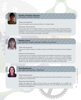 Rodolfo Cristhofer Espinoza
Tecnólogo en Diseño Industrial
Título del proyecto:
Guía de Ecodiseño para arquitectura efímera y montajes feriales
Resumen del proyecto:
Este proyecto tiene como objetivo realizar una guía de ecodiseño para arquitectura efímera y
montaje en ferias como una herramienta que sirva de apoyo metodológico para la aplicación de
estrategias y recomendaciones en los productos de este sector, con la ﬁnalidad de que reﬂejen
una mejora medioambiental cuantiﬁcable y apreciable.
Maialen Loinaz
Ing. Industrial – Diseño Industrial y Gestión de proyectos
Título del proyecto:
Cálculo de la huella ecológica y la huella de carbono del Pabellón de Euskadi en la Expo Zaragoza
2008
Resumen del proyecto:
En este proyecto se ha analizado el perﬁl ambiental del Pabellón de Euskadi en la Expo Zaragoza
2008 a través de dos indicadores diferenciados. Por un lado, a través de la Huella Ecológica,
que se expresa en hectáreas de ecosistema o de naturaleza. Por otro lado a través de la huella
de carbono, que calcula las emisiones equivalentes de CO2, y que el Gobierno Vasco, con el
objetivo de anular el efecto del Stand en materia de cambio climático ha compensado.
Hiart Balziskueta
Ing. Telecomunicaciones – Electrónica
Título del proyecto:
Análisis de los estudios preeliminares sobre el potencial de mejora ambiental de los productos
afectados por la Directiva EuP
Resumen del proyecto:
Análisis del trabajo que desde la Unión Europea se está desarrollando con el objetivo de
identiﬁcar las diferentes medidas aplicables para cada una de las categorías de producto a las
que aplicará esta legislación.
AuladeEcodiseño2002-2012
57
 