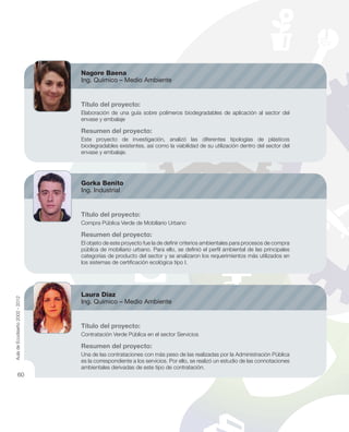 Nagore Baena
Ing. Químico – Medio Ambiente
Título del proyecto:
Elaboración de una guía sobre polímeros biodegradables de aplicación al sector del
envase y embalaje
Resumen del proyecto:
Este proyecto de investigación, analizó las diferentes tipologías de plásticos
biodegradables existentes, así como la viabilidad de su utilización dentro del sector del
envase y embalaje.
Gorka Benito
Ing. Industrial
Título del proyecto:
Compra Pública Verde de Mobiliario Urbano
Resumen del proyecto:
El objeto de este proyecto fue la de deﬁnir criterios ambientales para procesos de compra
pública de mobiliario urbano. Para ello, se deﬁnió el perﬁl ambiental de las principales
categorías de producto del sector y se analizaron los requerimientos más utilizados en
los sistemas de certiﬁcación ecológica tipo I.
Laura Díaz
Ing. Químico – Medio Ambiente
Título del proyecto:
Contratación Verde Pública en el sector Servicios
Resumen del proyecto:
Una de las contrataciones con más peso de las realizadas por la Administración Pública
es la correspondiente a los servicios. Por ello, se realizó un estudio de las connotaciones
ambientales derivadas de este tipo de contratación.
AuladeEcodiseño2002-2012
60
 